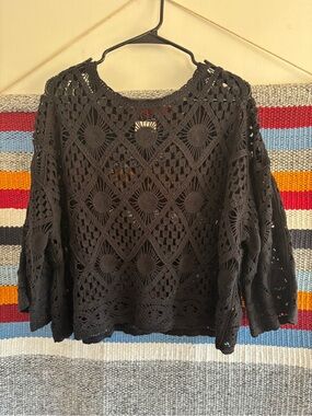 a.n.a Black Crochet Openwork Crewneck Sweater